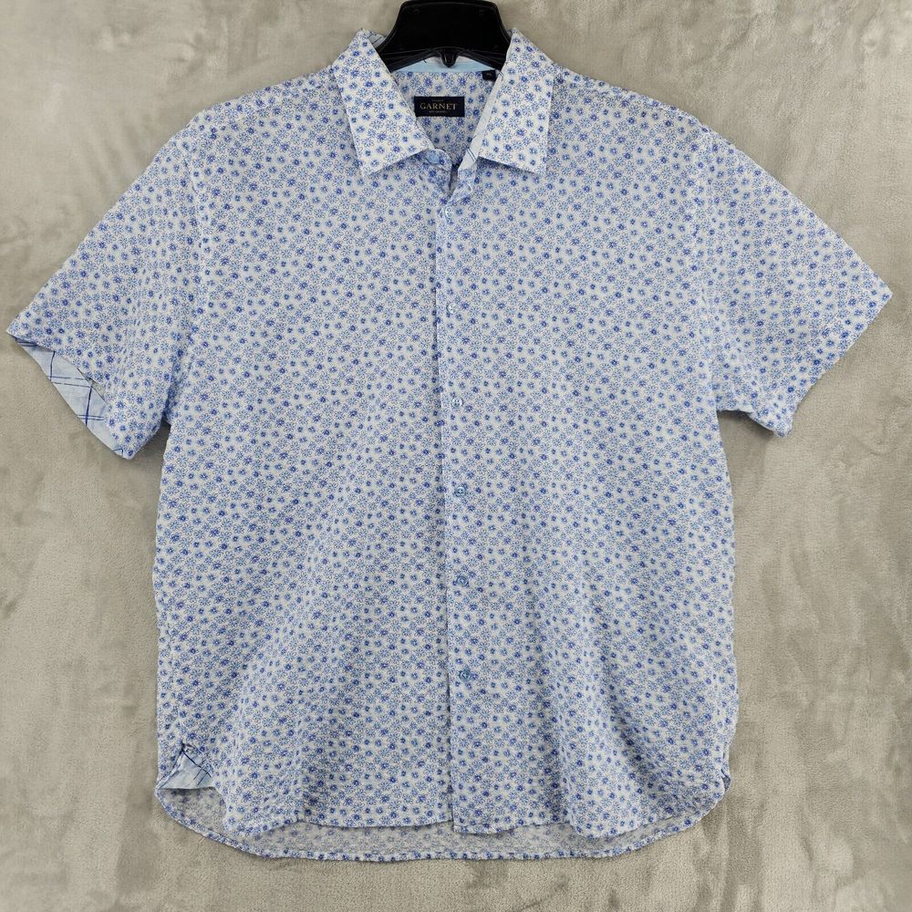 Garnet Button Down Shirt Mens XL Blue White Floral Short Sleeve Cotton